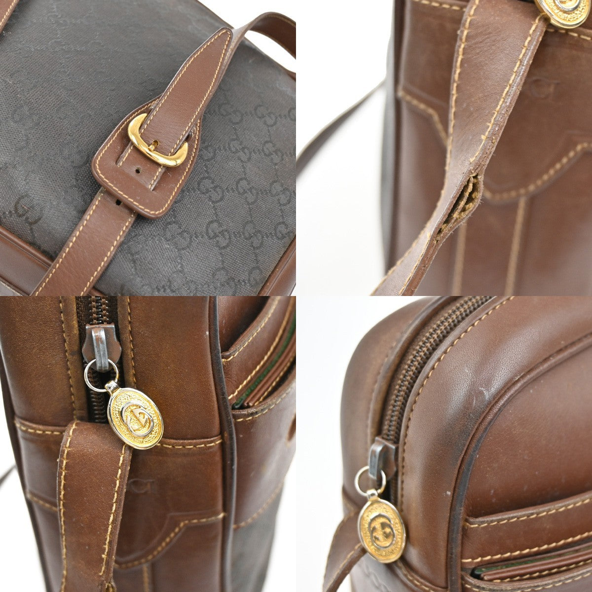GUCCI Logo GG Pattern Shoulder Bag Coating Canvas Leather Brown 69KB596