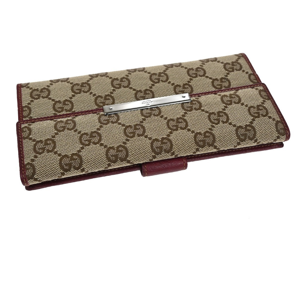 GUCCI GG Biifold Long Wallet Canvas Leather Red Beige SHW Italy 88KD057