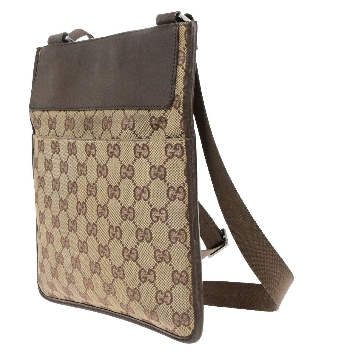 GUCCI Logo GG Pattern Shoulder  Bag Canvas Leather Brown Silver Italy 66ED404