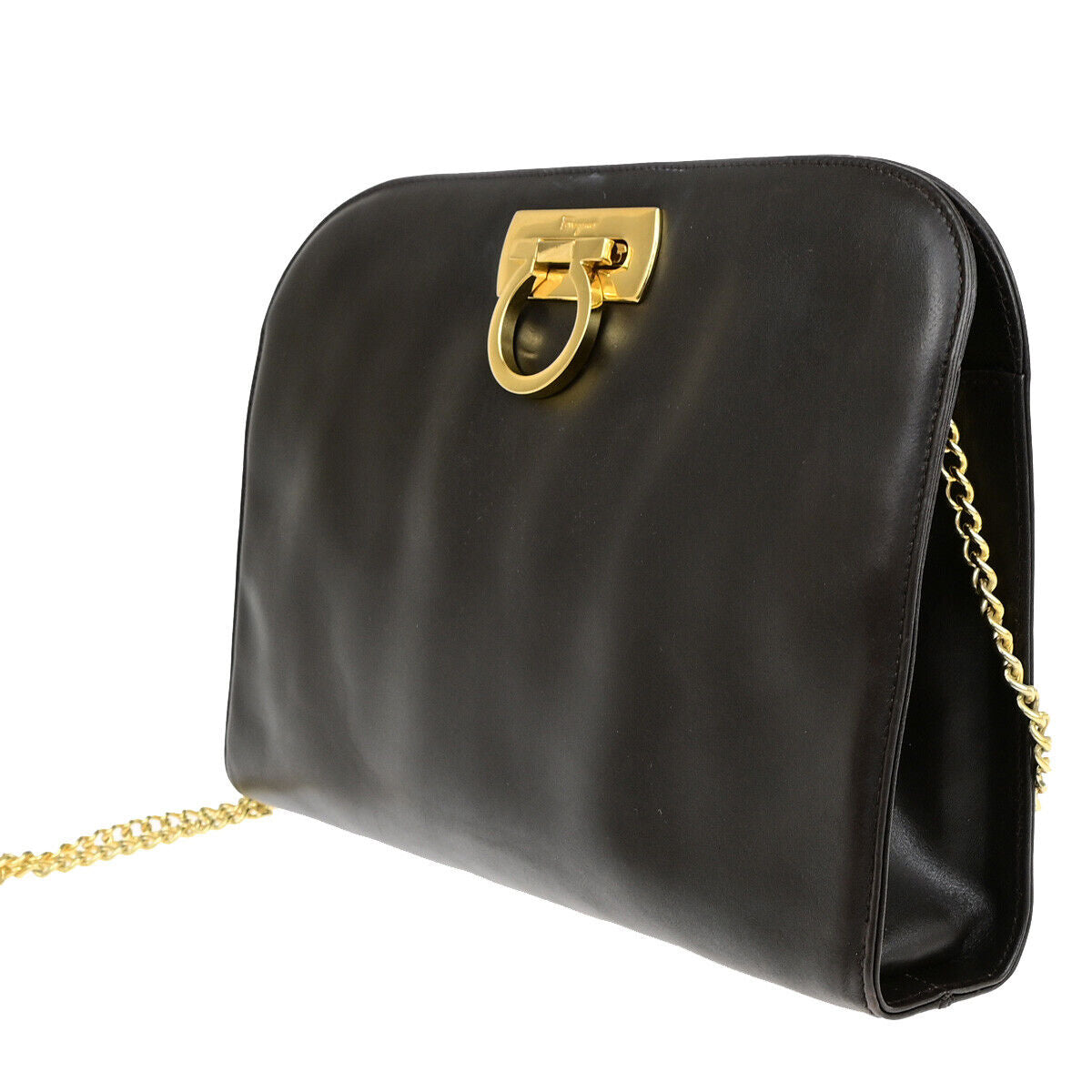 SALVATORE FERRAGAMO Gancini 2Way Chain Shoulder Clutch Bag Leather Brown 69YG017