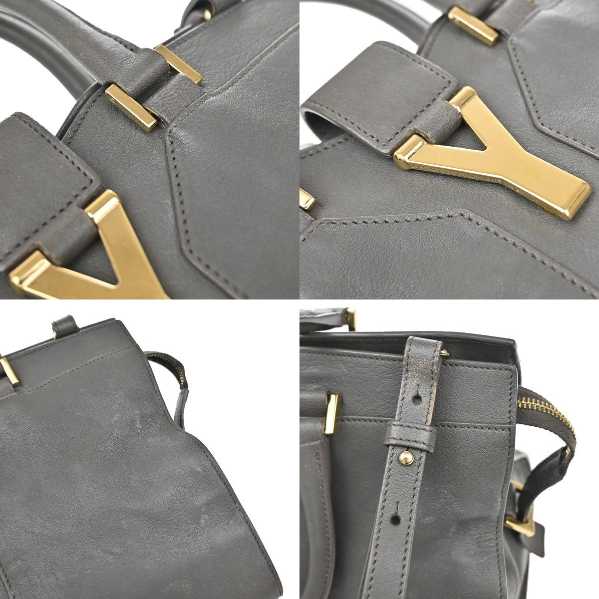 YVES SAINT LAURENT YSL 2Way Cabas Chyc Hand Shoulder Bag Leather Gray 35KA727