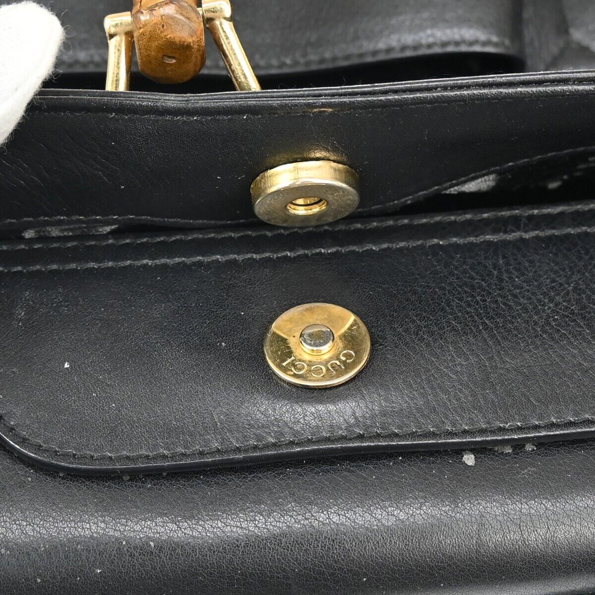 GUCCI Logo Bamboo 2Way Shoulder Hand Bag Leather Black Gold Italy 01DA076