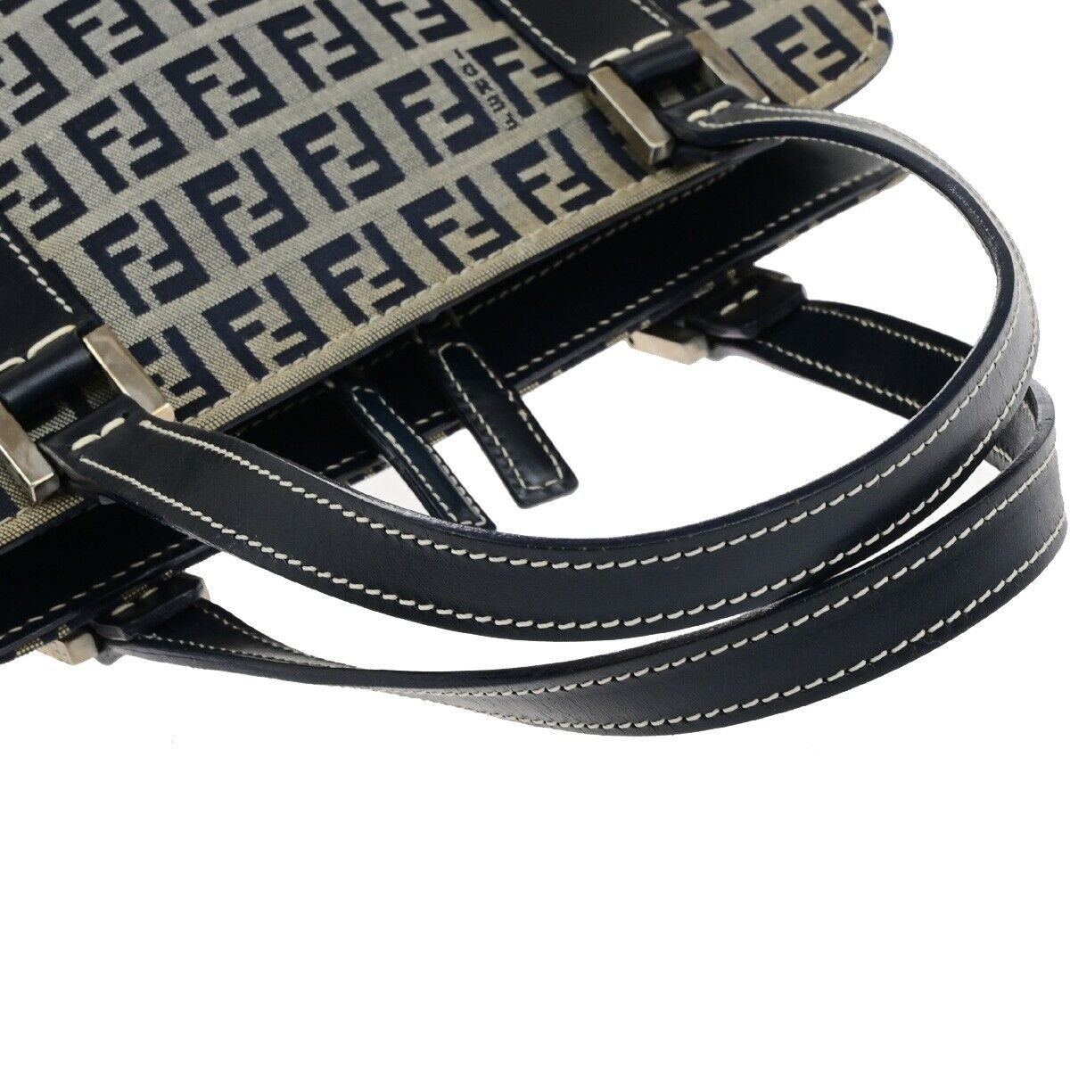 FENDI Logo Zucca Pattern Shoulder Bag Canvas Leather Navy Blue Italy 83KA549