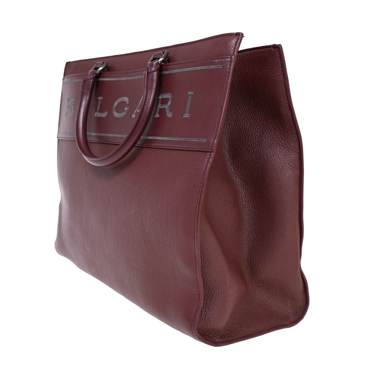 BVLGARI LOGO Hand Tote Bag Canvas Calf Leather Bordeaux Silver Italy 98HB362