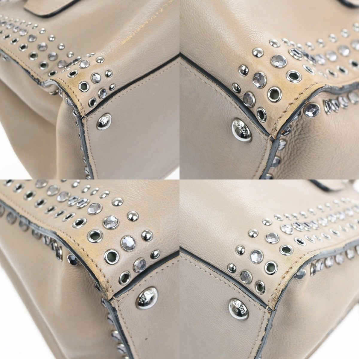PRADA Studs 2Way Shoulder Hand Bag Leather Rhineston Beige GHW Spain 33TA590