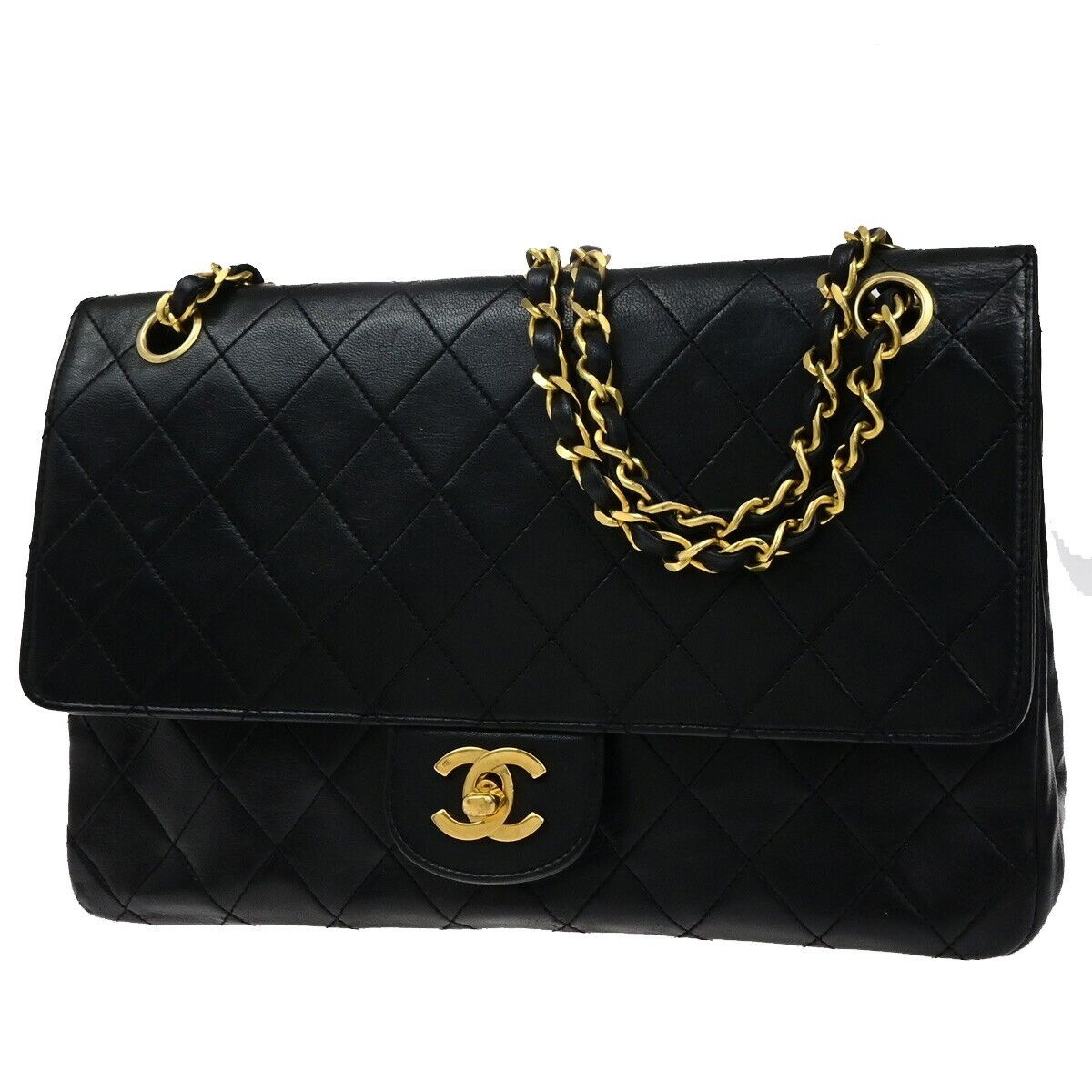 CHANEL CC Matelasse 25 Double Flap Chain Shoulder Bag Leather Black VTG 654RF208