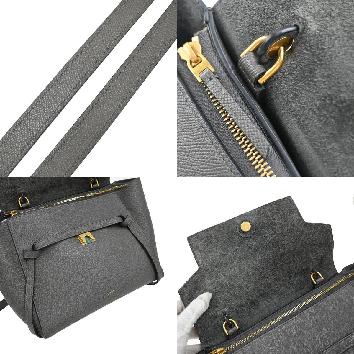 CELINE Logo Belt Bag Mini 2Way Shoulder Hand Bag Leather Gray GHW Italy 58RF719