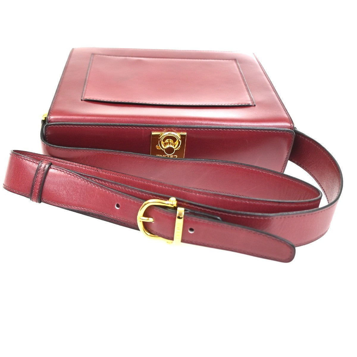 CELINE Logo Ring Shoulder Box Bag Leather Burgundy Italy GHW 38CA859