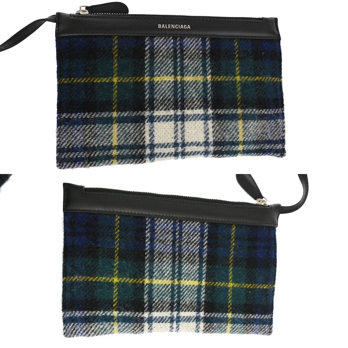 BALENCIAGA NAVY Cabas S Shoulder Tote Bag Check Pouch Wool Leather GN BK 75YC423