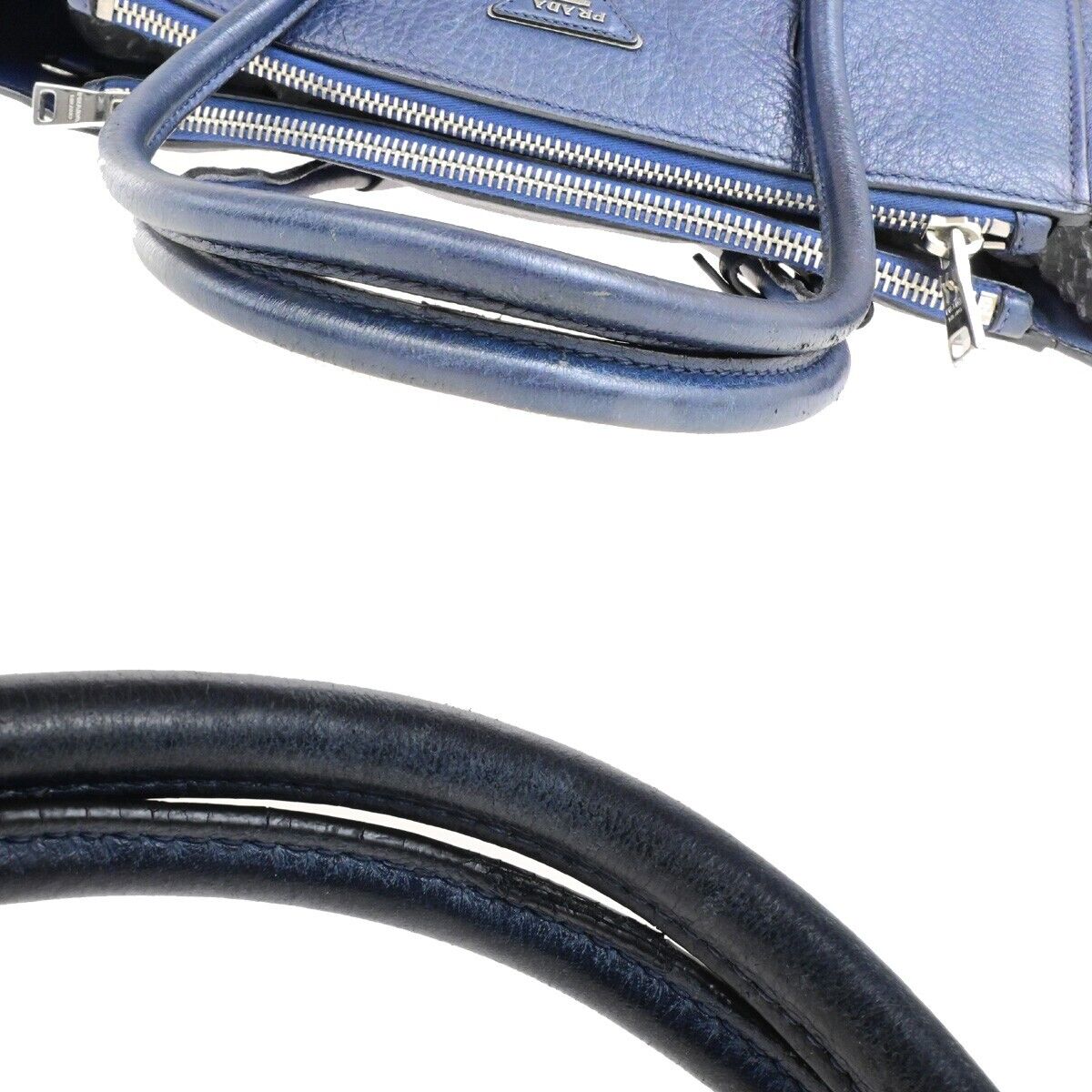 PRADA Milano Logo Shoulder Hand Bag Leather Navy Blue SHW Italy 31ED928