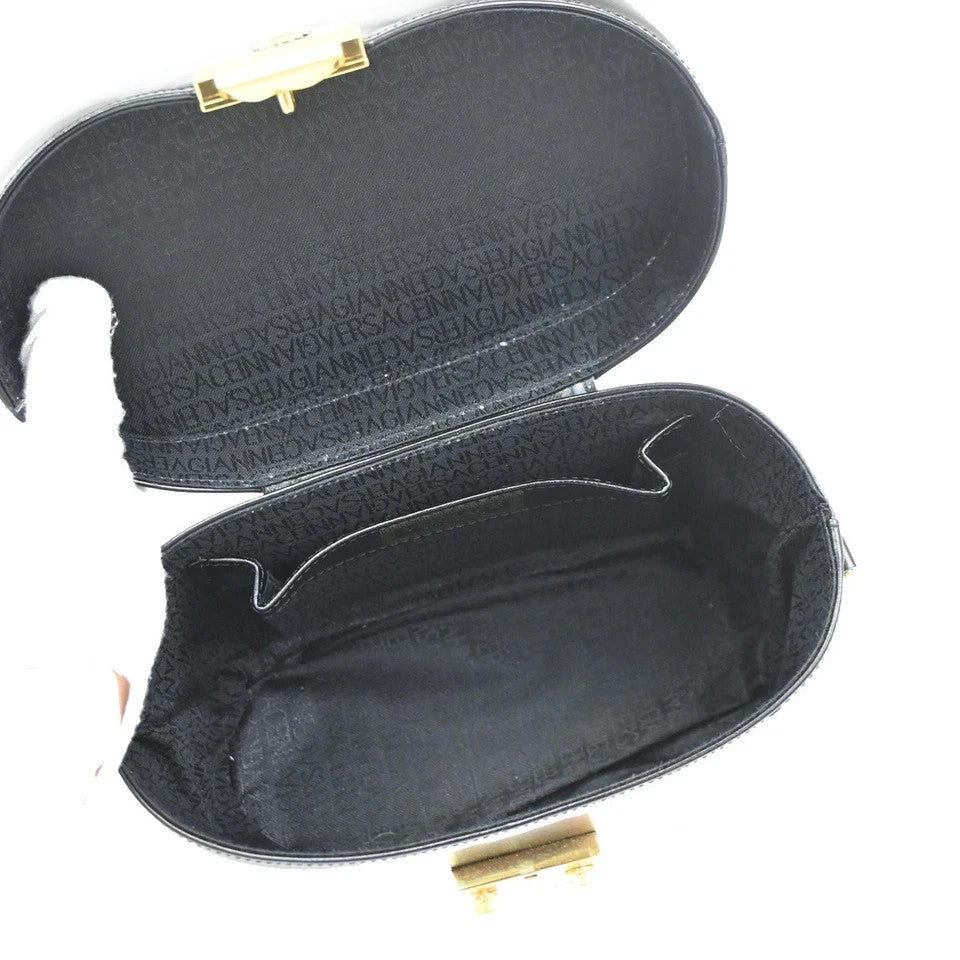 9.Live GIANNI VERSACE Sun Vanity Hand Bag Leather Black Gold-Plated 33KB766