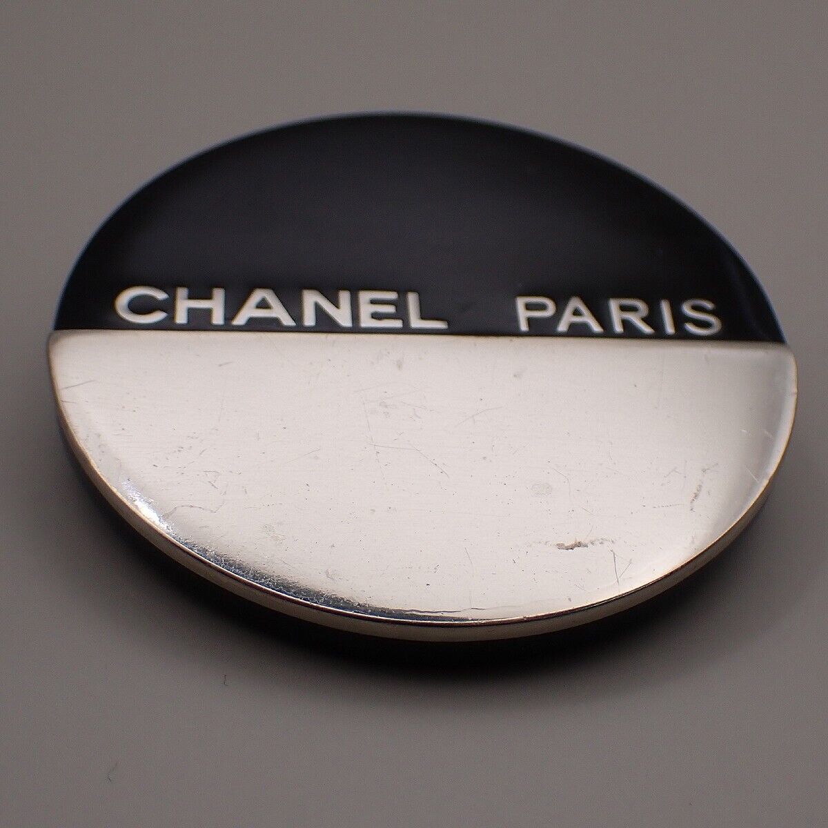 CHANEL Logo Round Bicolor Brooch 00A Metal Plastic Black Silver France 83YE496