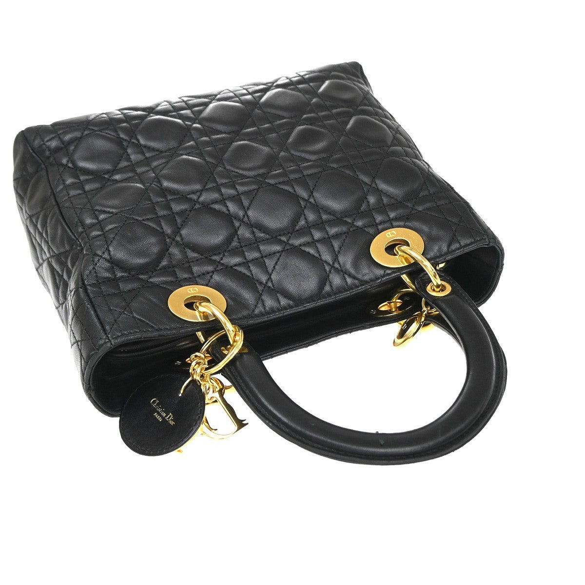 CHRISTIAN DIOR Lady Cannage Hand Tote Bag Leather Black Gold Italy 46RQ062