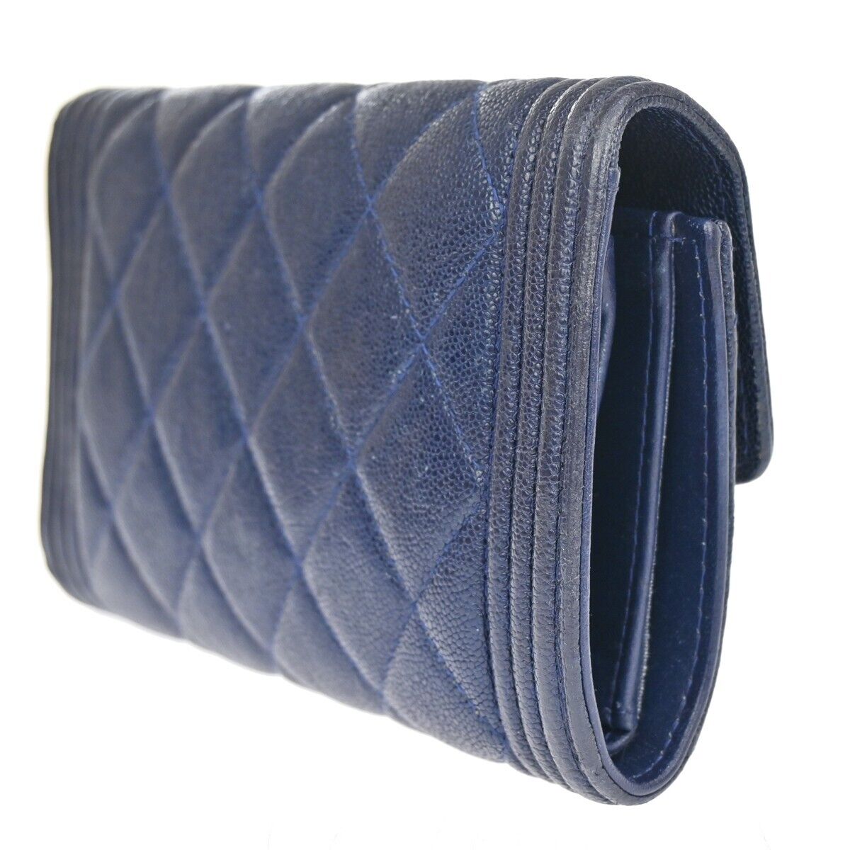 CHANEL CC Chanel boy Trifold Wallet Purse Caviar Skin Leather Navy Blue 34HB611