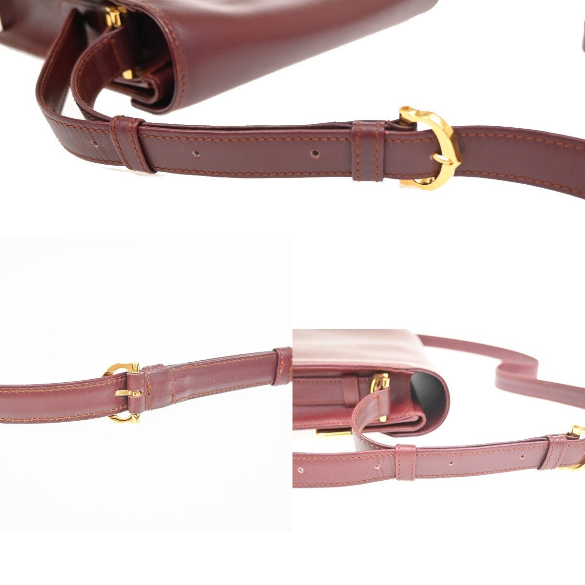 MUST DE CARTIER 2C Logo Two Flap Shoulder Bag Leather Bordeaux GHW Spain 37ZA278