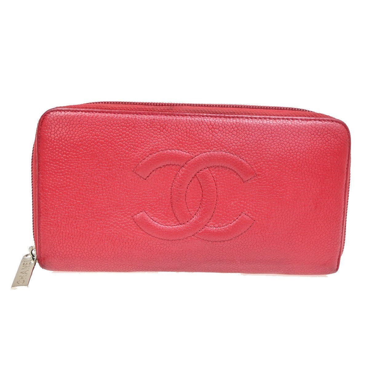 CHANEL CC Logo Zipper Around Wallet Grained Calfskin Leather Red SHW 35YH792