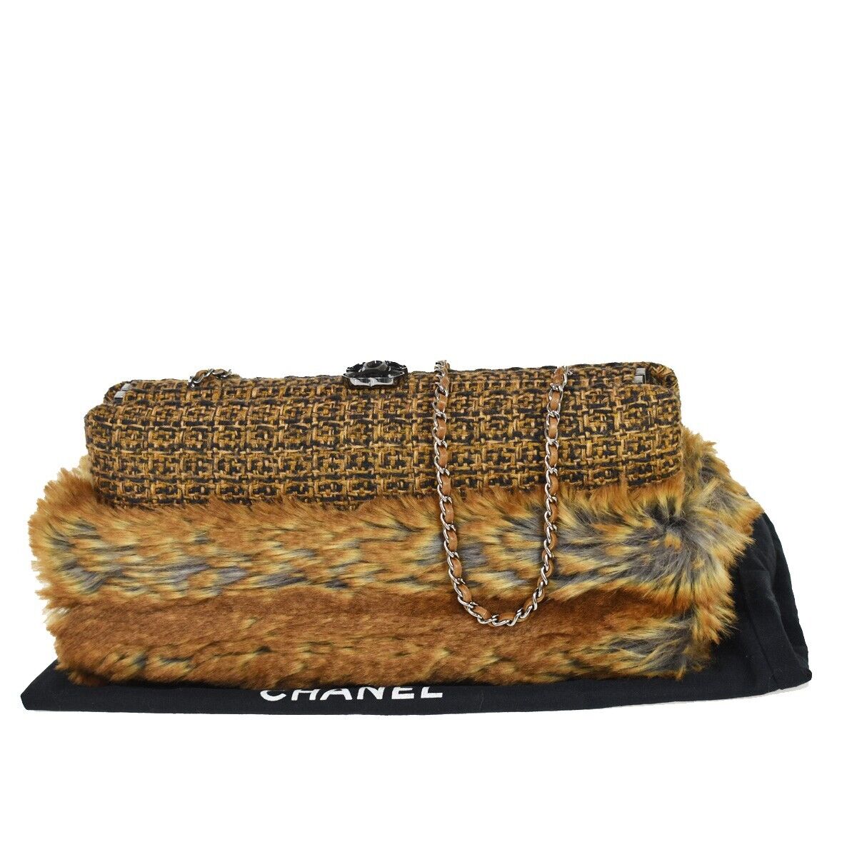 CHANEL CC Logo 2Way Chain Shoulder Clutch Bag Fur Wool Leather Brown 683LC294