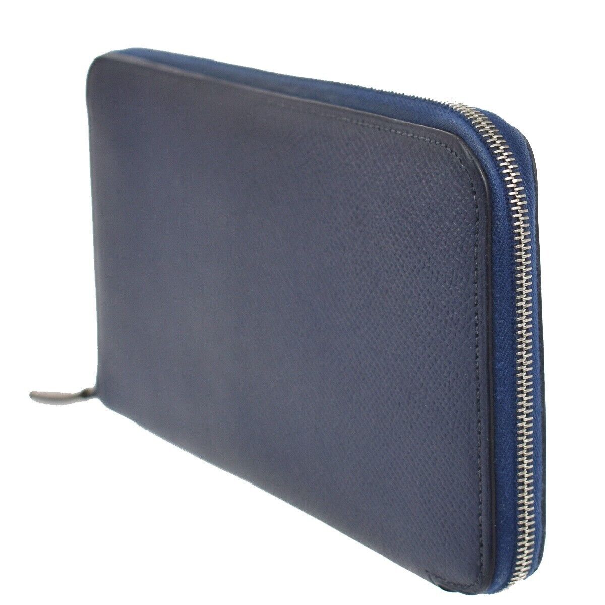 HERMES Azap Silk In Long Zipper Bifold Wallet Purse Leather Blue Silver 37JH641
