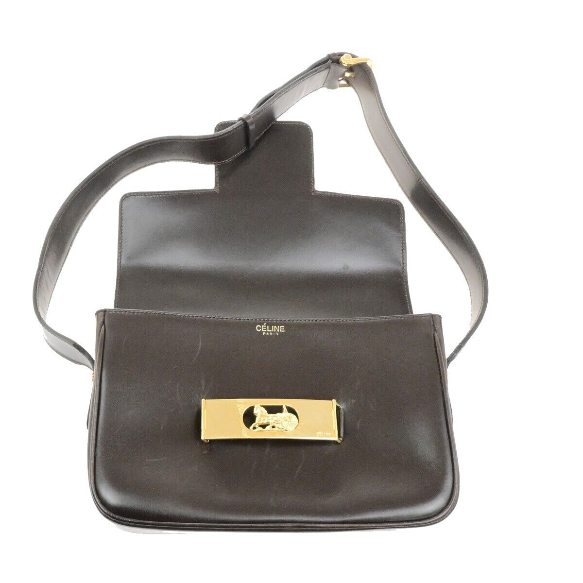CELINE Horse Carriage Logo Shoulder Bag Leather Brown Gold 32EE092