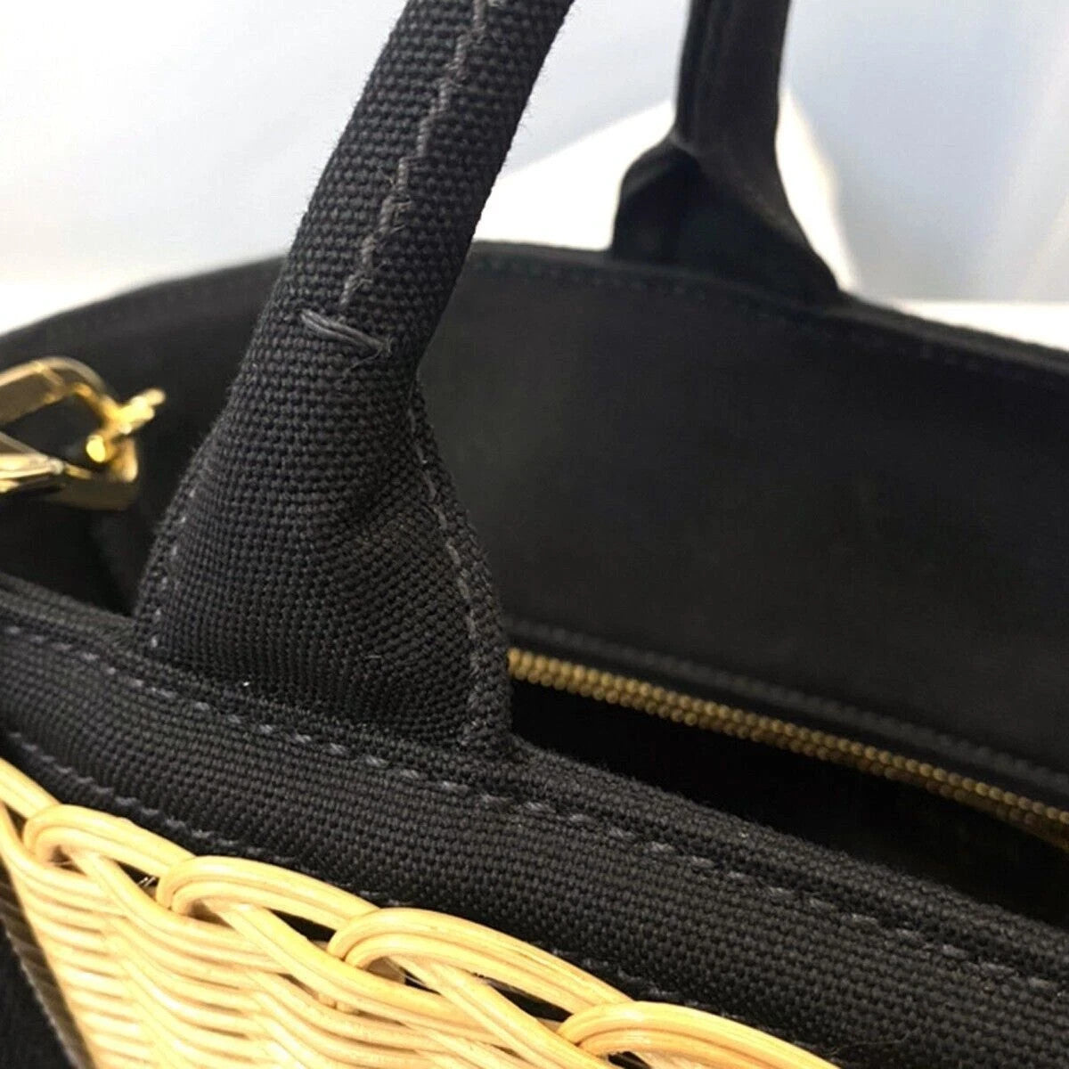53.Live PRADA Midollino Wicker 2Way Shoulder Hand Bag Canvas Leather BK 631RH131
