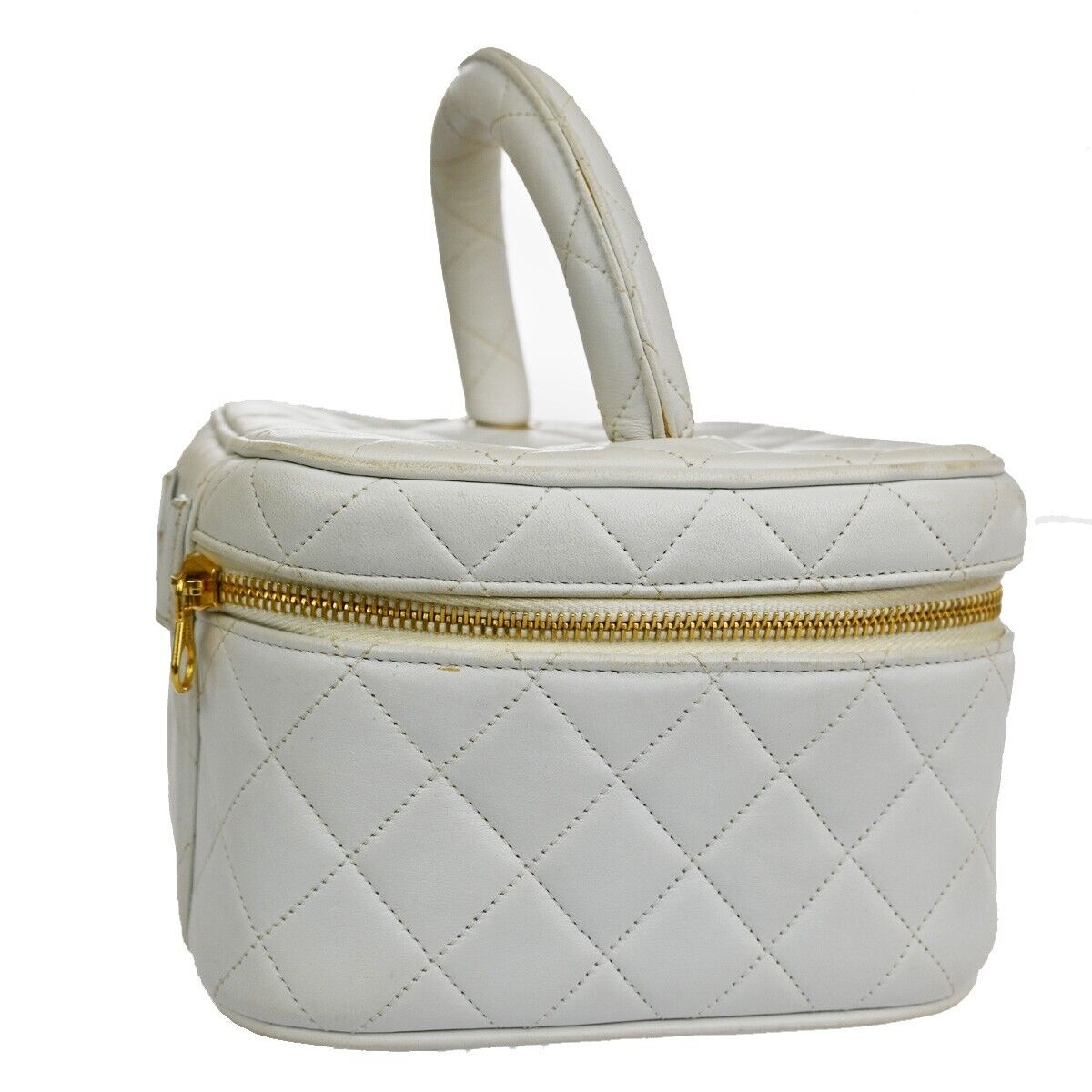 CHANEL Logo Matelasse Vanity Hand Bag Leather White GHW France Vintage 96RH435