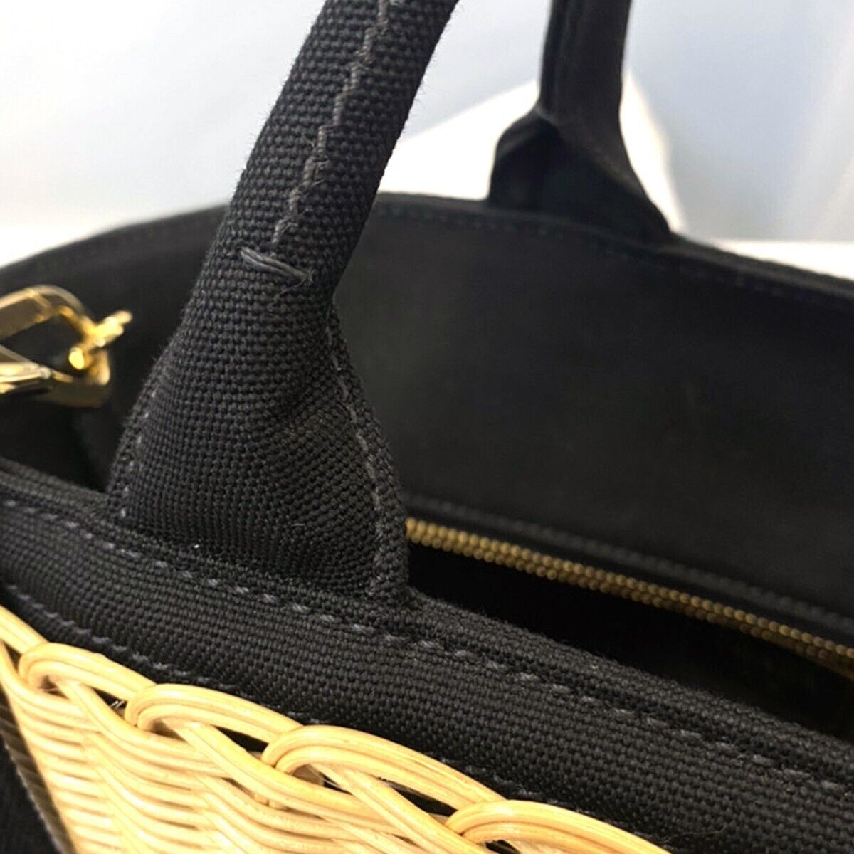 PRADA Logo Midollino Wicker 2Way Shoulder Hand Bag Canvas Leather Black 631RH131