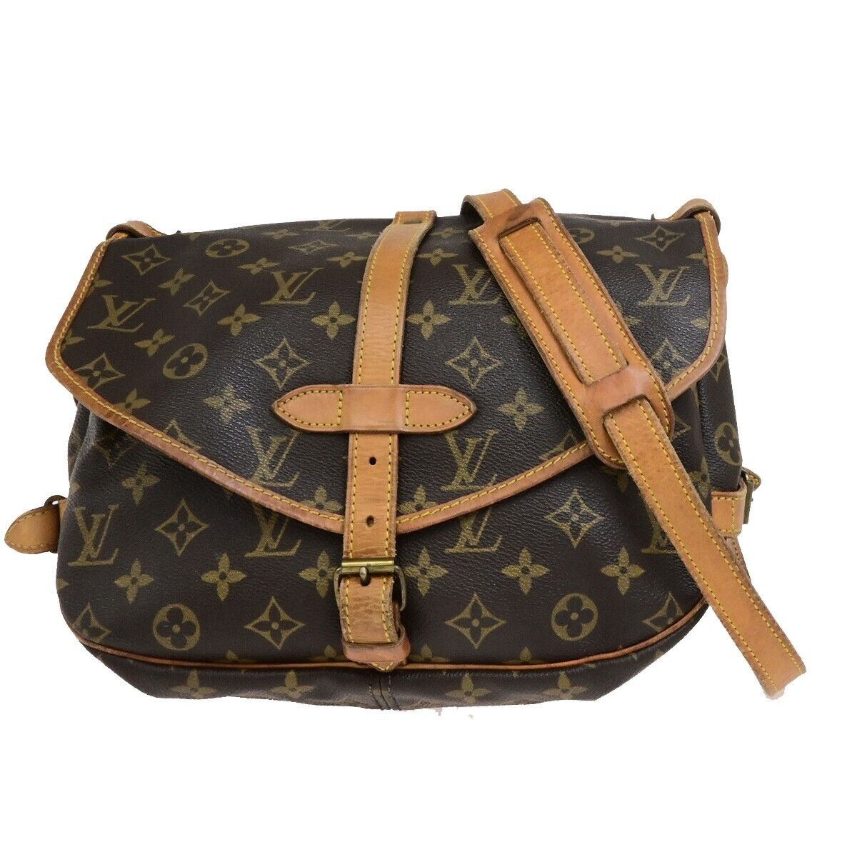 LOUIS VUITTON Logo Saumur 30 Shoulder Bag Monogram Leather Brown M42256 31EE059