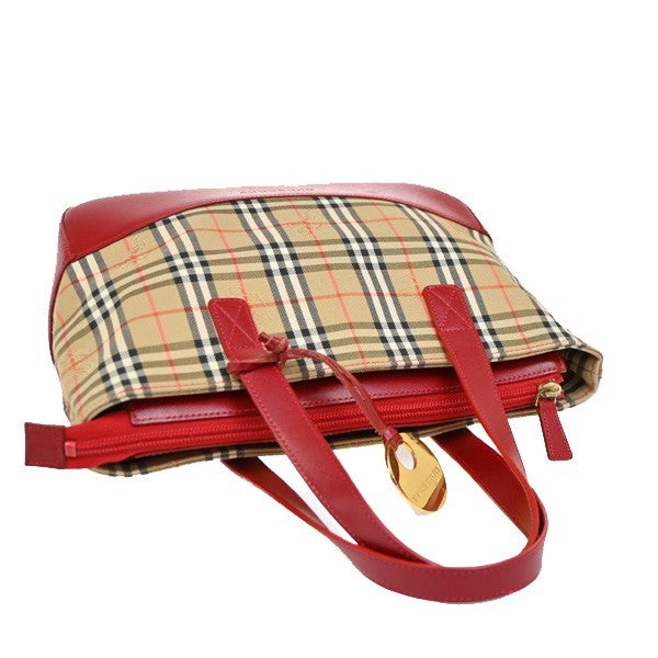 BURBERRY Logo Handbag Canvas Leather Beige Red Charm Gold 32RL572