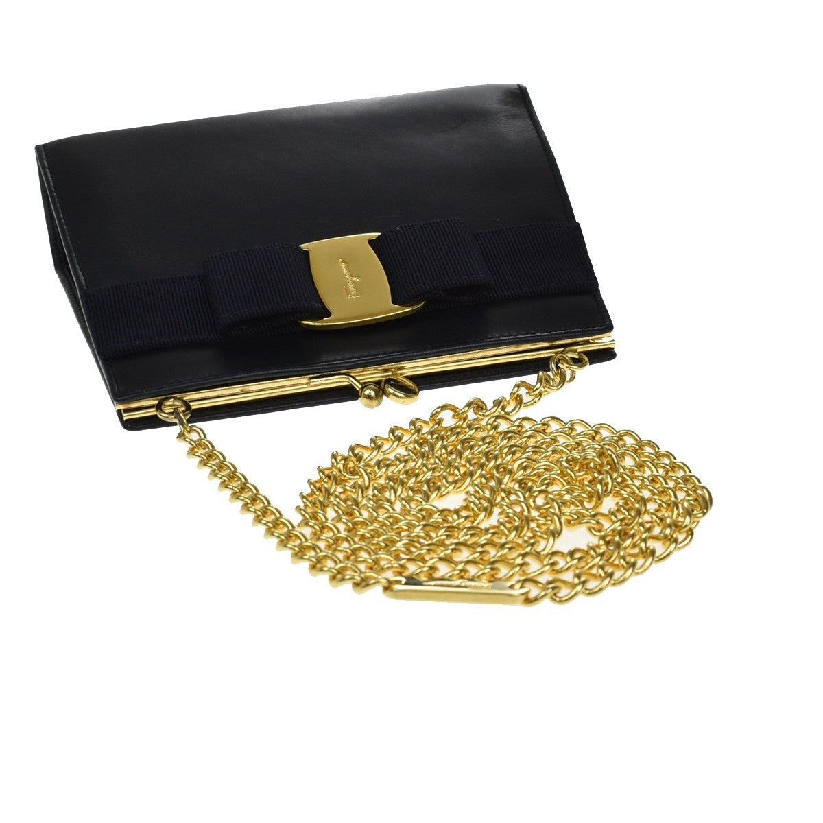 SALVATORE FERRAGAMO Vara Mini Chain Shoulder Bag Leather Navy Blue GHW 69KB071