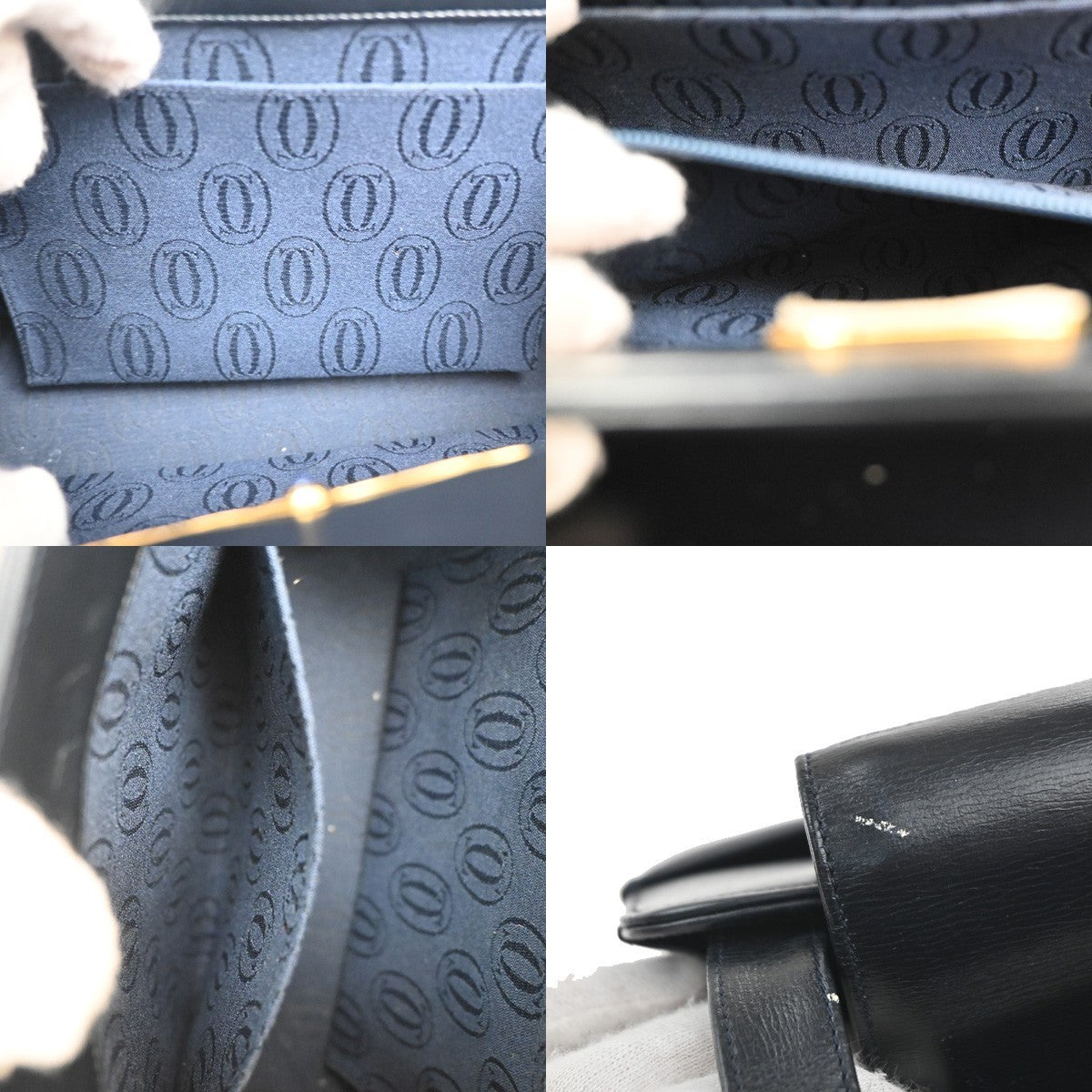 CARTIER Logo Sapphire Line Shoulder Hand Bag Leather Navy France GHW 38MA402