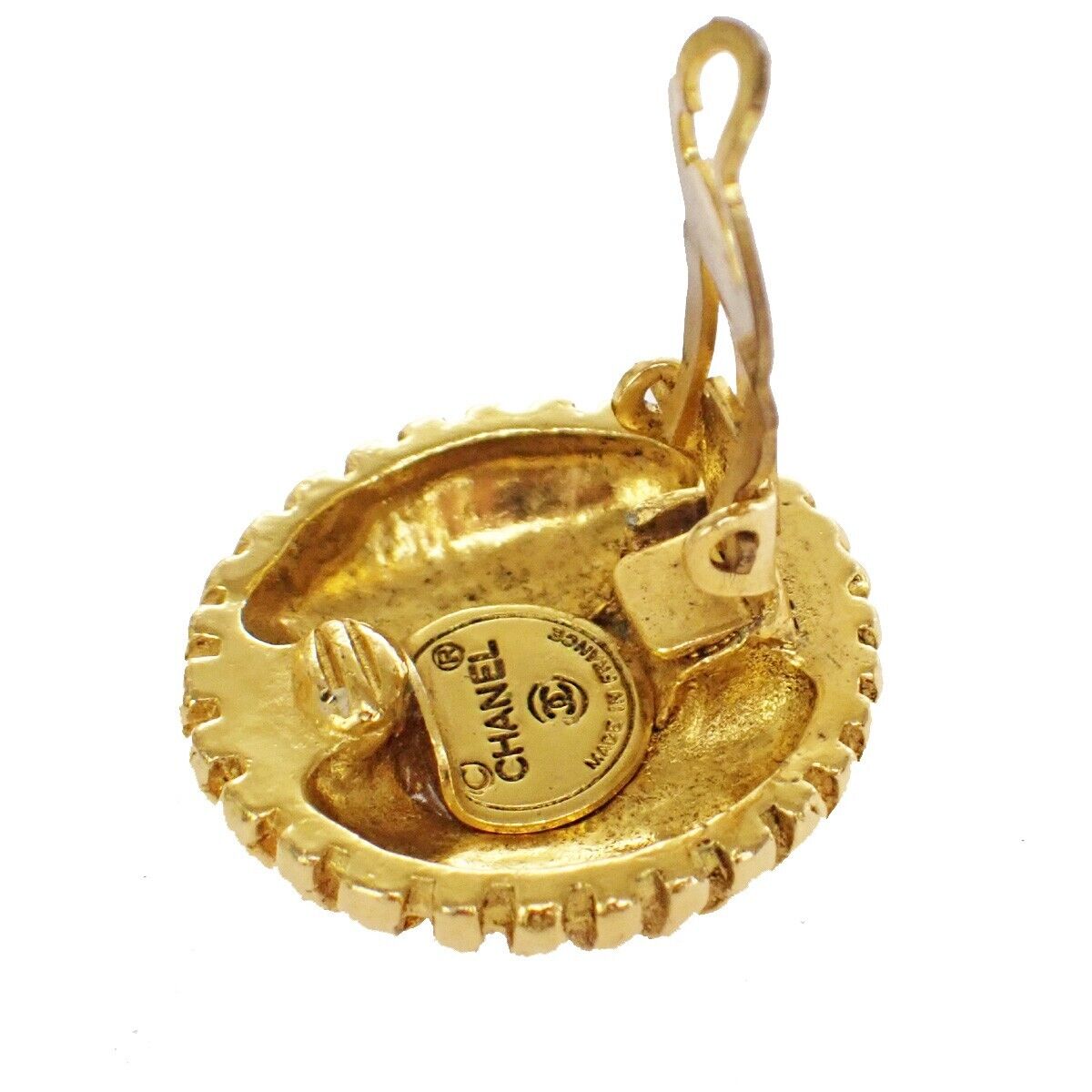 CHANEL CC Logo Round Button Earrings Clip-On GHW Vintage Accessory 39RJ293