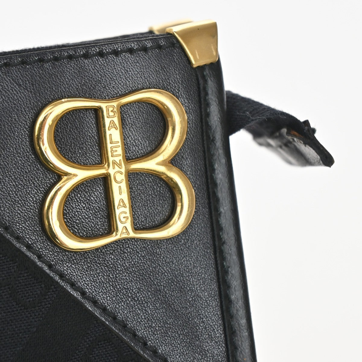 BALENCIAGA BB Logo Clutch Hand Bag Canvas Leather Black Gold Italy 07TA425