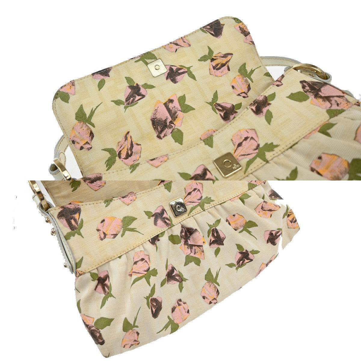 FENDI Logo Zucca Pattern Flower Hand Bag Canvas Leather Beige Pink Italy 88KB429