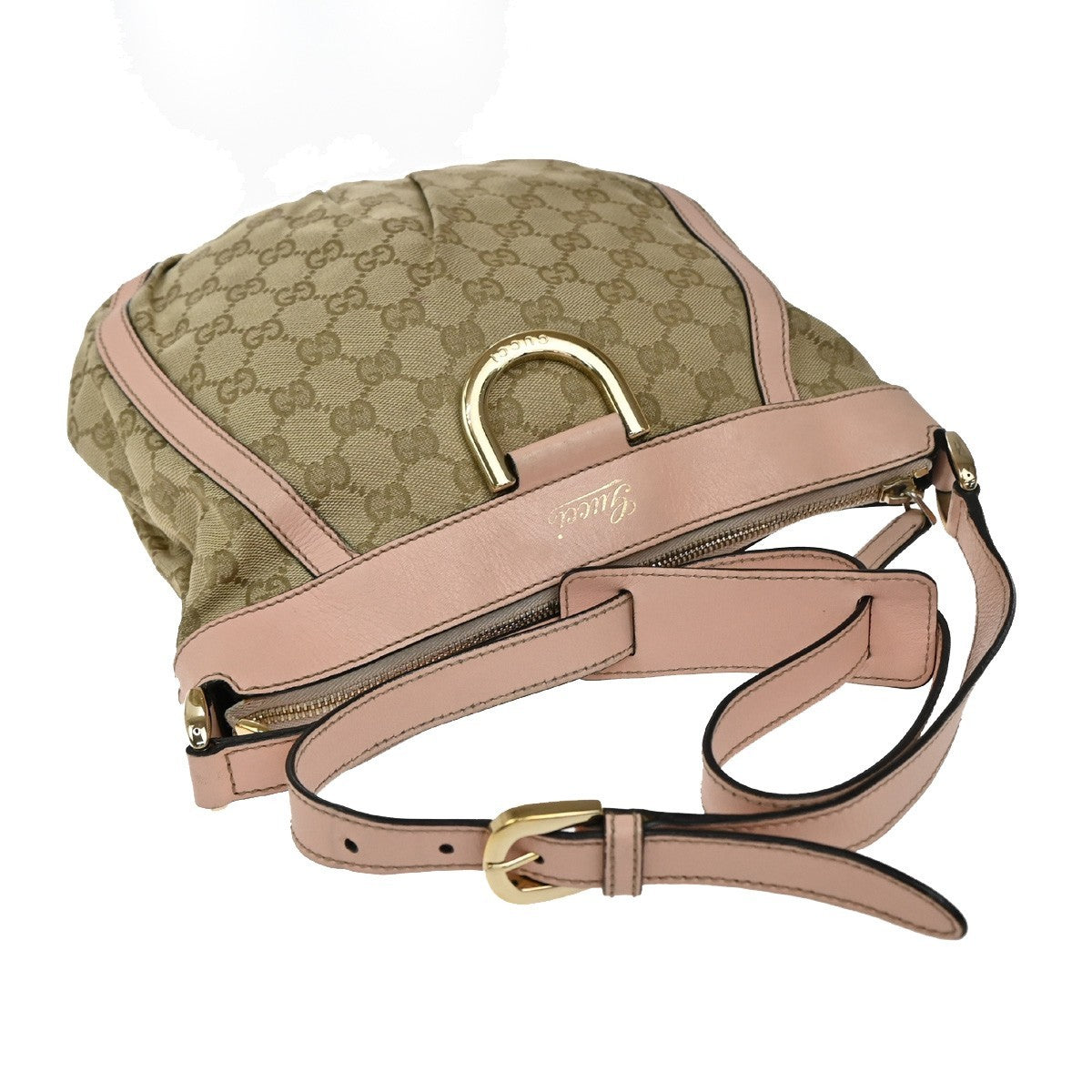 GUCCI Logo Abbey GG Pattern Shoulder Bag Canvas Leather Brown Pink GHW 86KP249