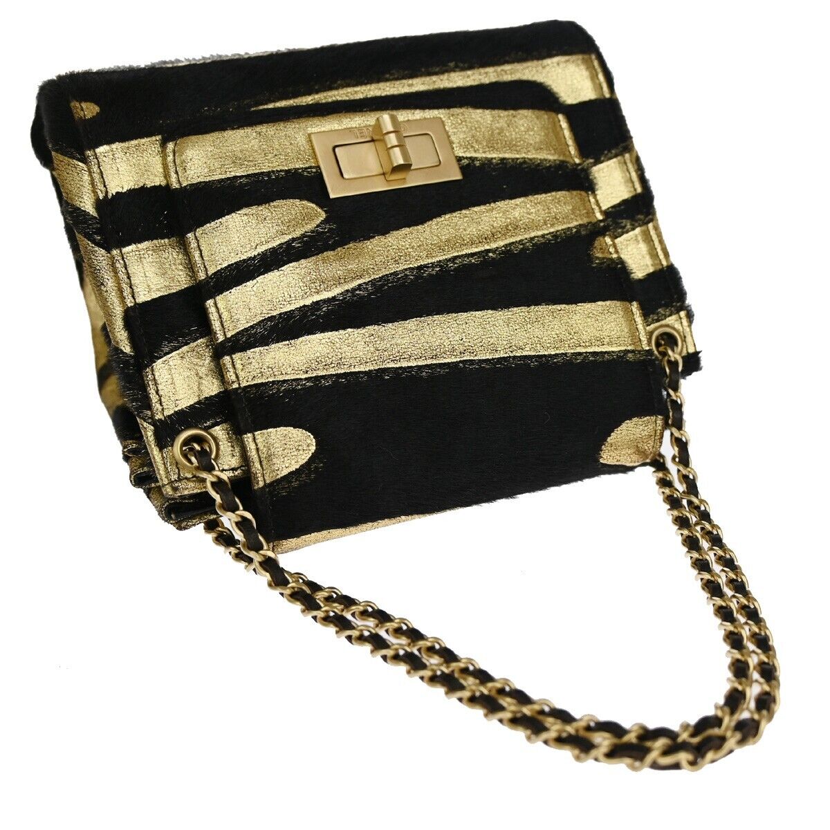 CHANEL 2.55 Zebra Chain Mini Hand Bag Fur Leather Black Gold France 629RH277