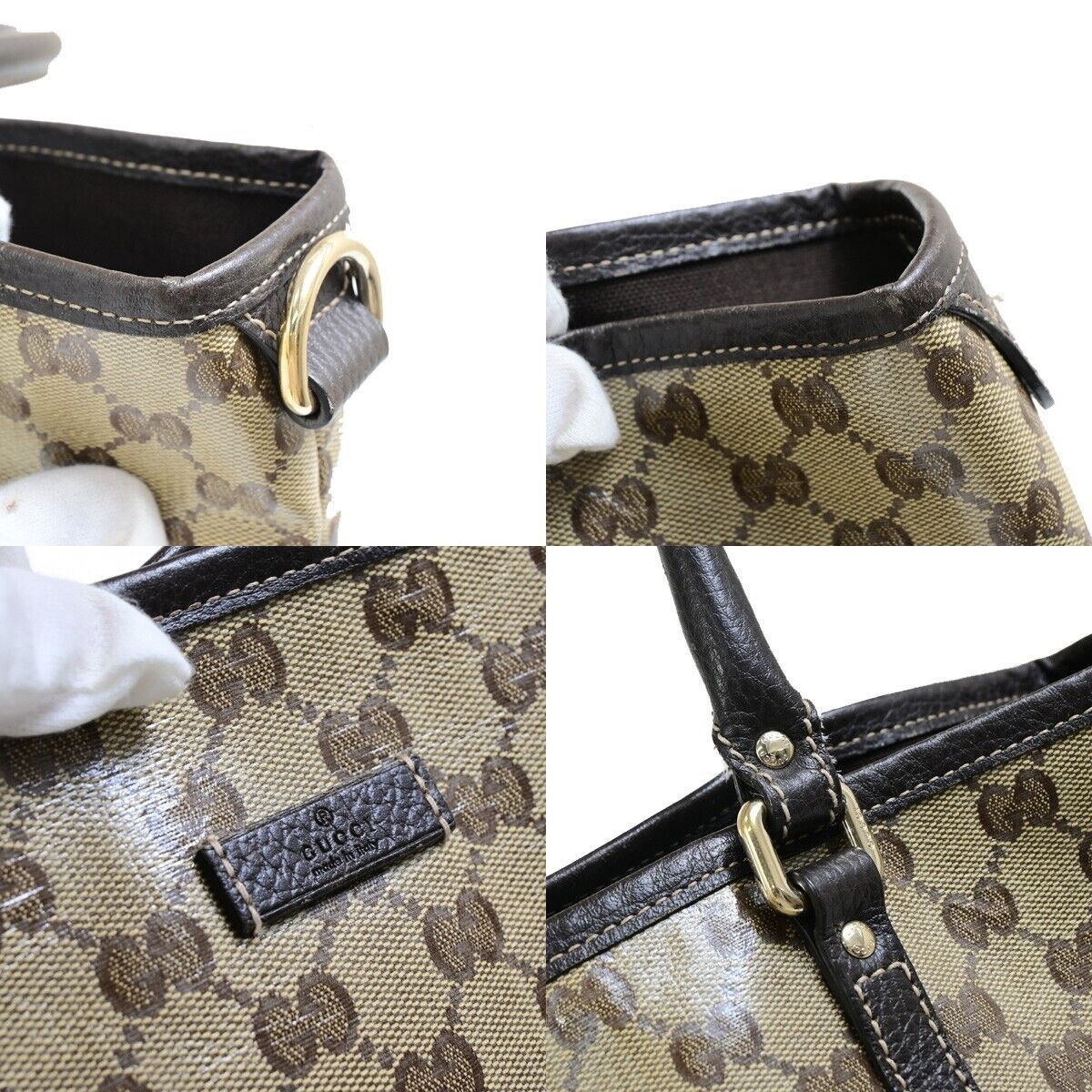 GUCCI GG Canvas Crystal Tote Shoulder Bag Coating Leather Brown Italy 34FB073