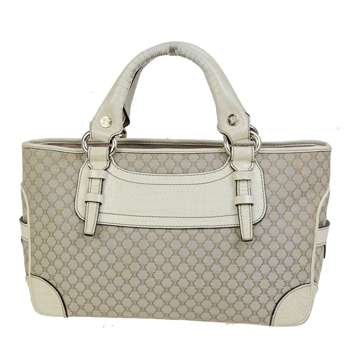CELINE Logo Boogie Macadam Hand Bag Embossing Leather Canvas Beige Italy 67FB204