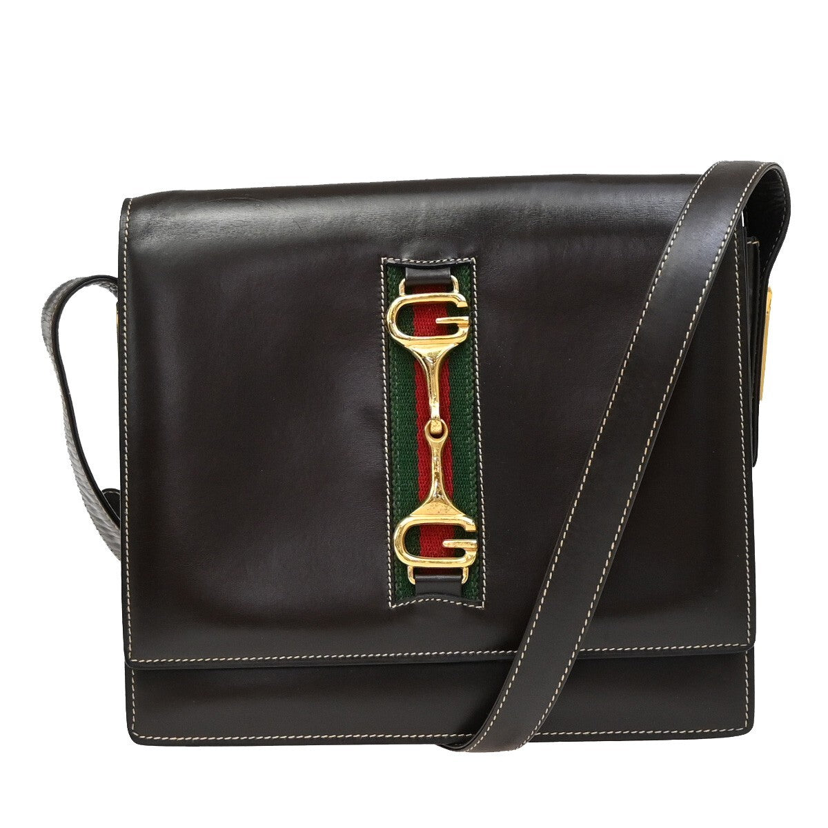 GUCCI Logo Horsebit Shoulder Hand Bag Leather Brown GHW Made in Italy 63EE368