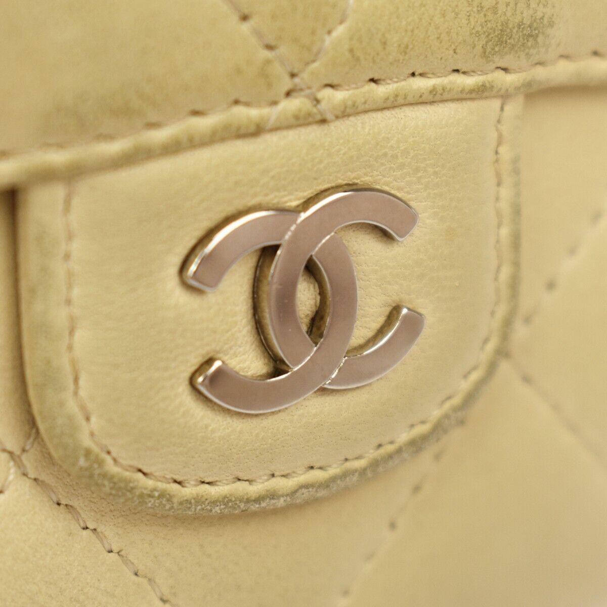 CHANEL CC Logo Matelasse Trifold Wallet Purse Leather Beige SHW France 05GA189