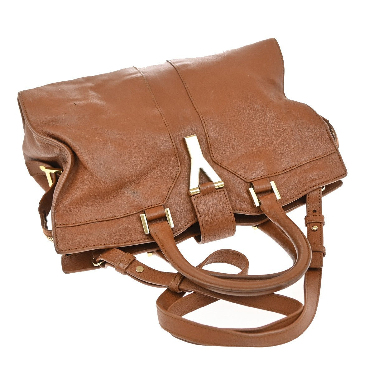 YVES SAINT LAURENT Y Cabas Chyc 2Way Shoulder Hand Bag Leather Brown GHW 73KP033