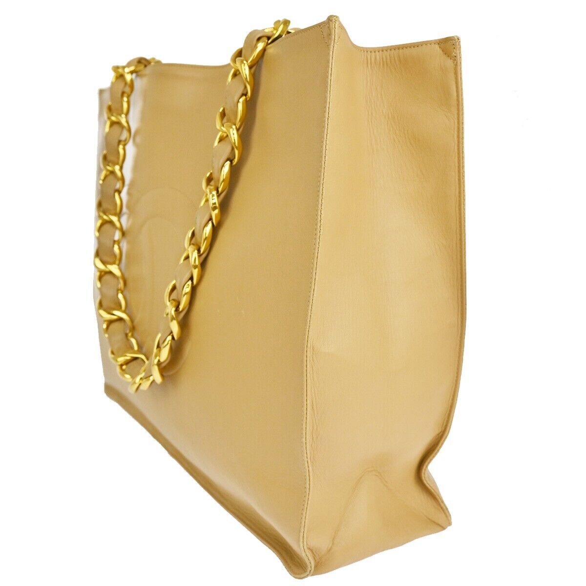 CHANEL CC Logo Chain Shoulder Tote Bag Leather Beige Gold-Plated France 629RJ479
