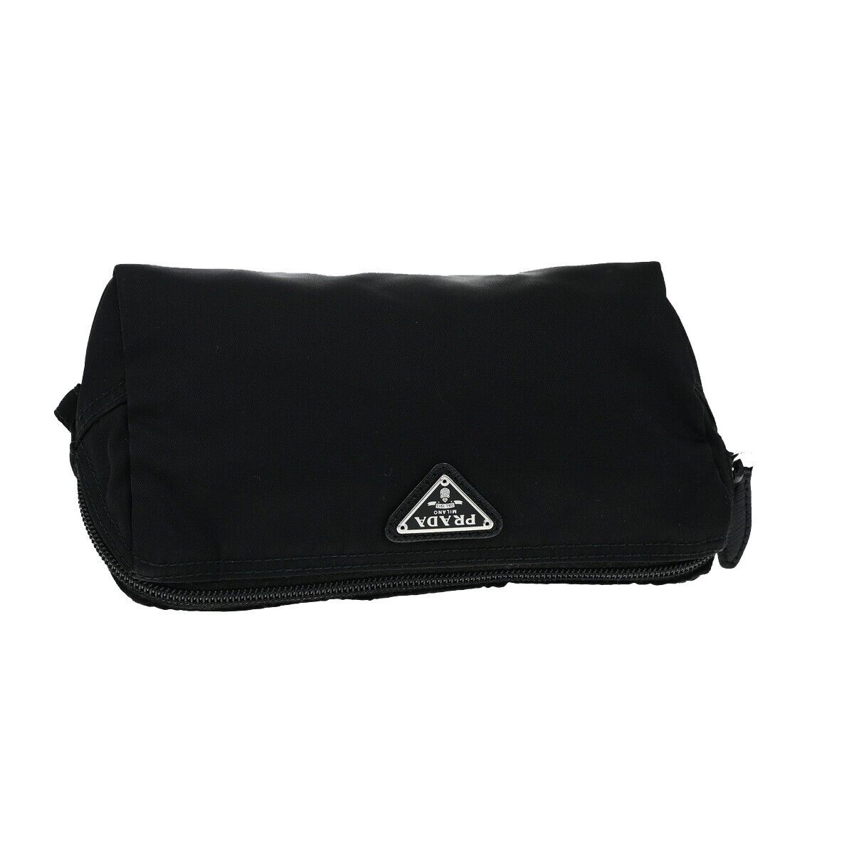 PRADA Logo Tessuto Cosmetic Pouch Nylon Leather Black Silver 32YH094