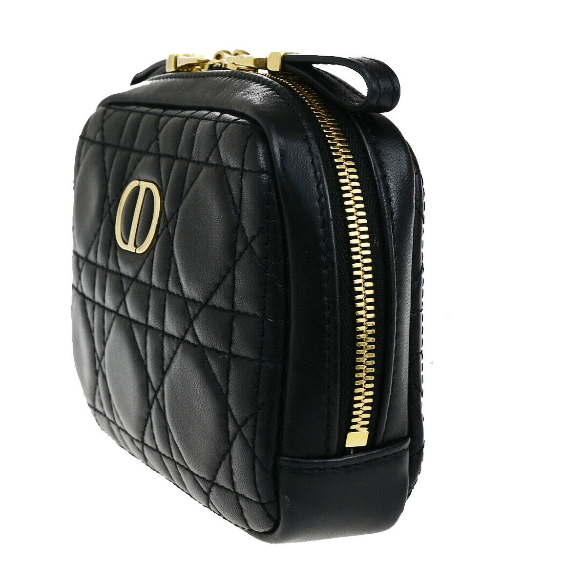 CHRISTIAN DIOR Logo Cannage Caro Mini Pouch Bag Leather Black GHW Italy 85RK740