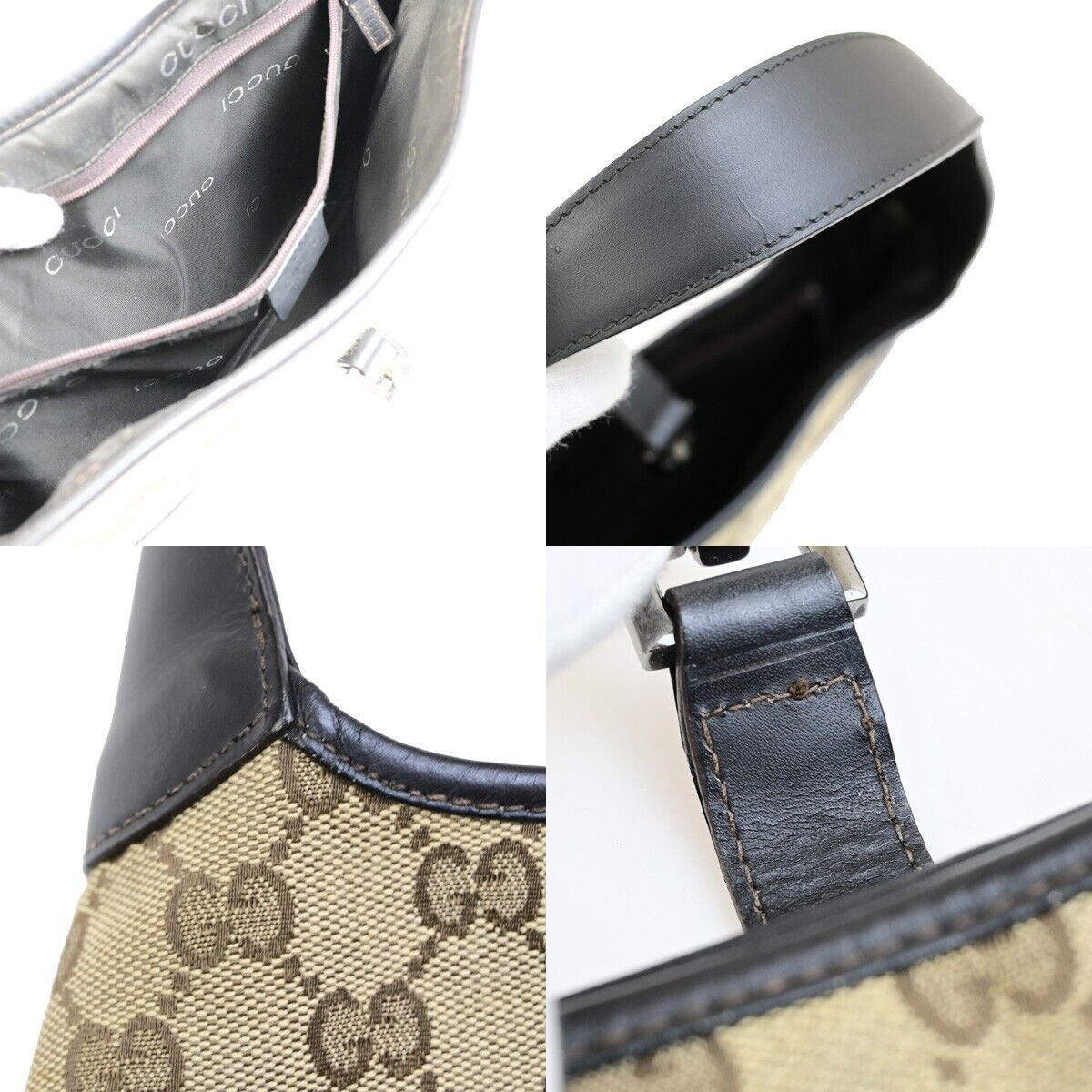GUCCI GG Pattern Jackie Shoulder Bag Canvas Leather Brown Silver Italy 87FB348