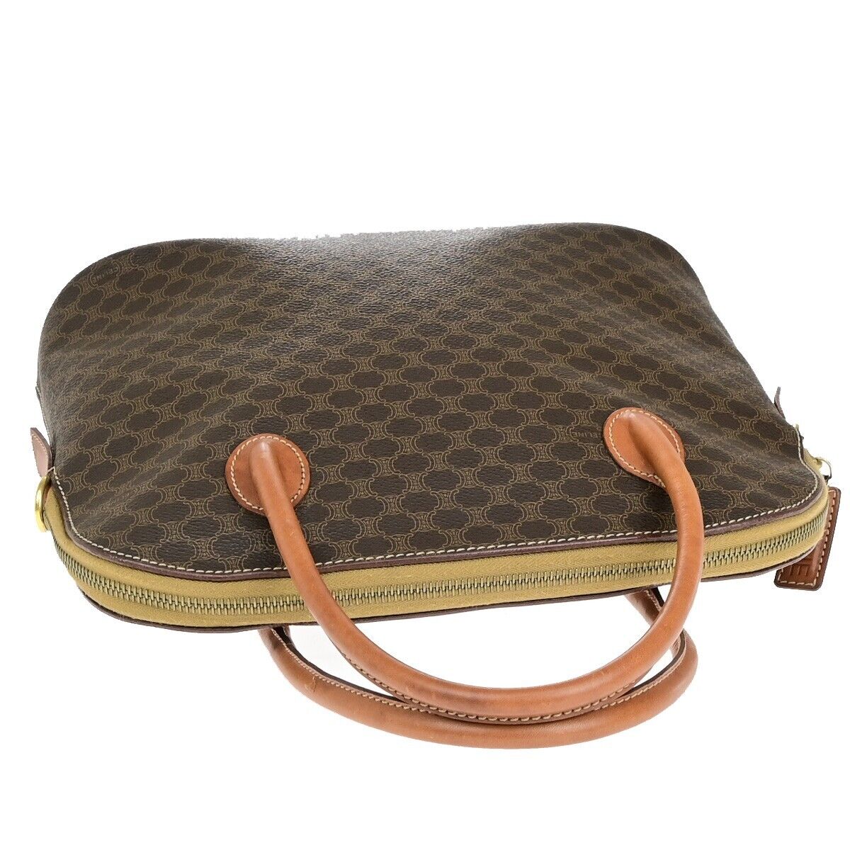 CELINE Logo Macadam Pattern Hand Bag PVC Leather Brown Gold Italy 64EB492