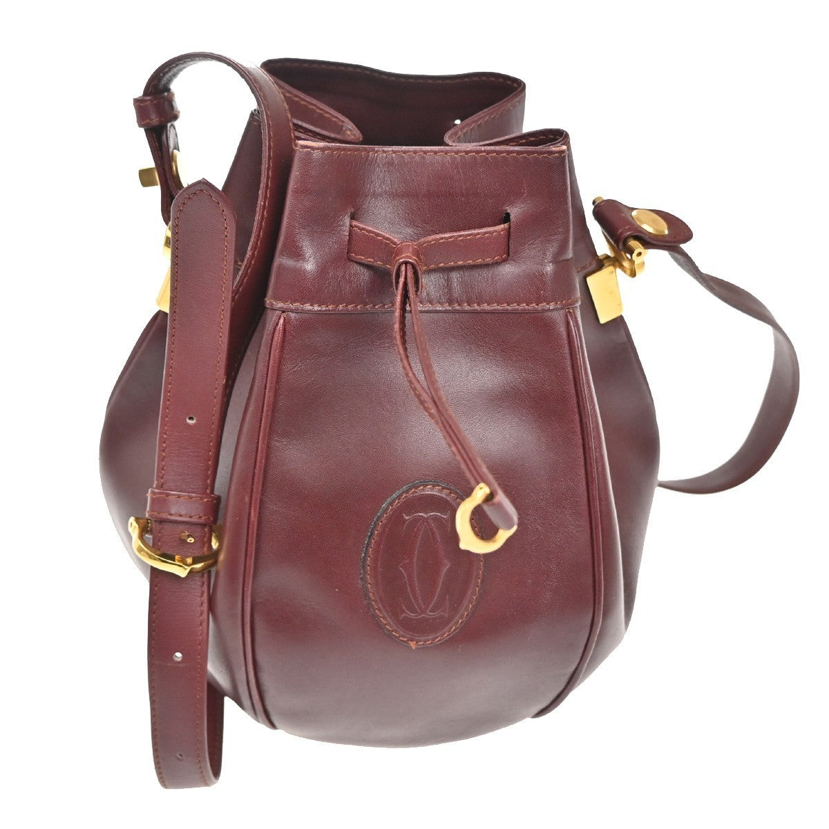 MUST DE CARTIER 2C Logo Drawstring Shoulder Bag Leather Red Gold 67TA426