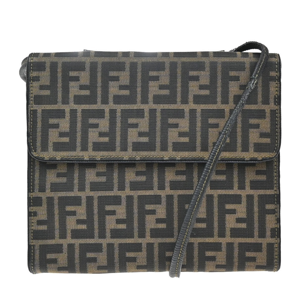 FENDI Logo Zucca Pattern Shoulder Bag Canvas Leather Brown Black GHW 76KP016