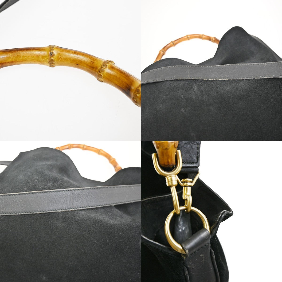 GUCCI Logo Bamboo 2Way Shoulder Hand Bag Suede Leather Black GHW Italy 38ZA308