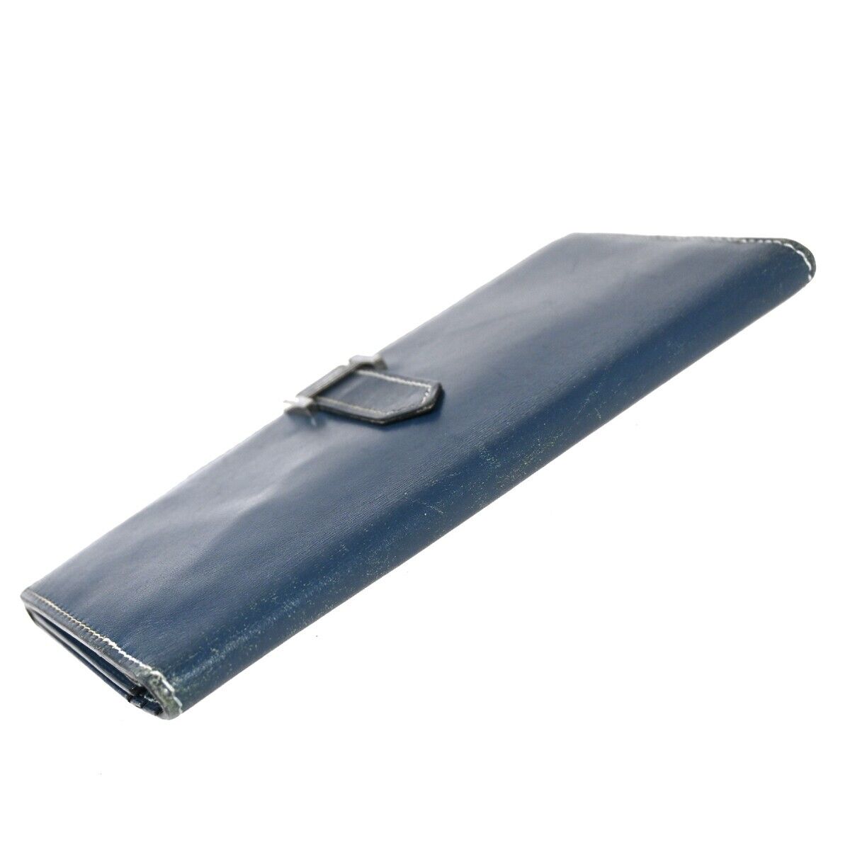 HERMES H Logo Bearn Long Trifold Wallet Purse ▢H Box Calf Leather Blue 82HB258