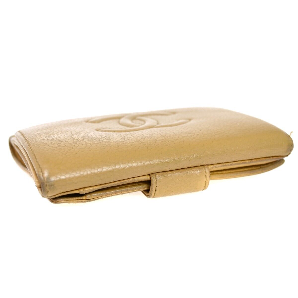 CHANEL CC Logo Bifold Wallet Purse Caviar Skin Leather Beige France 05HB310